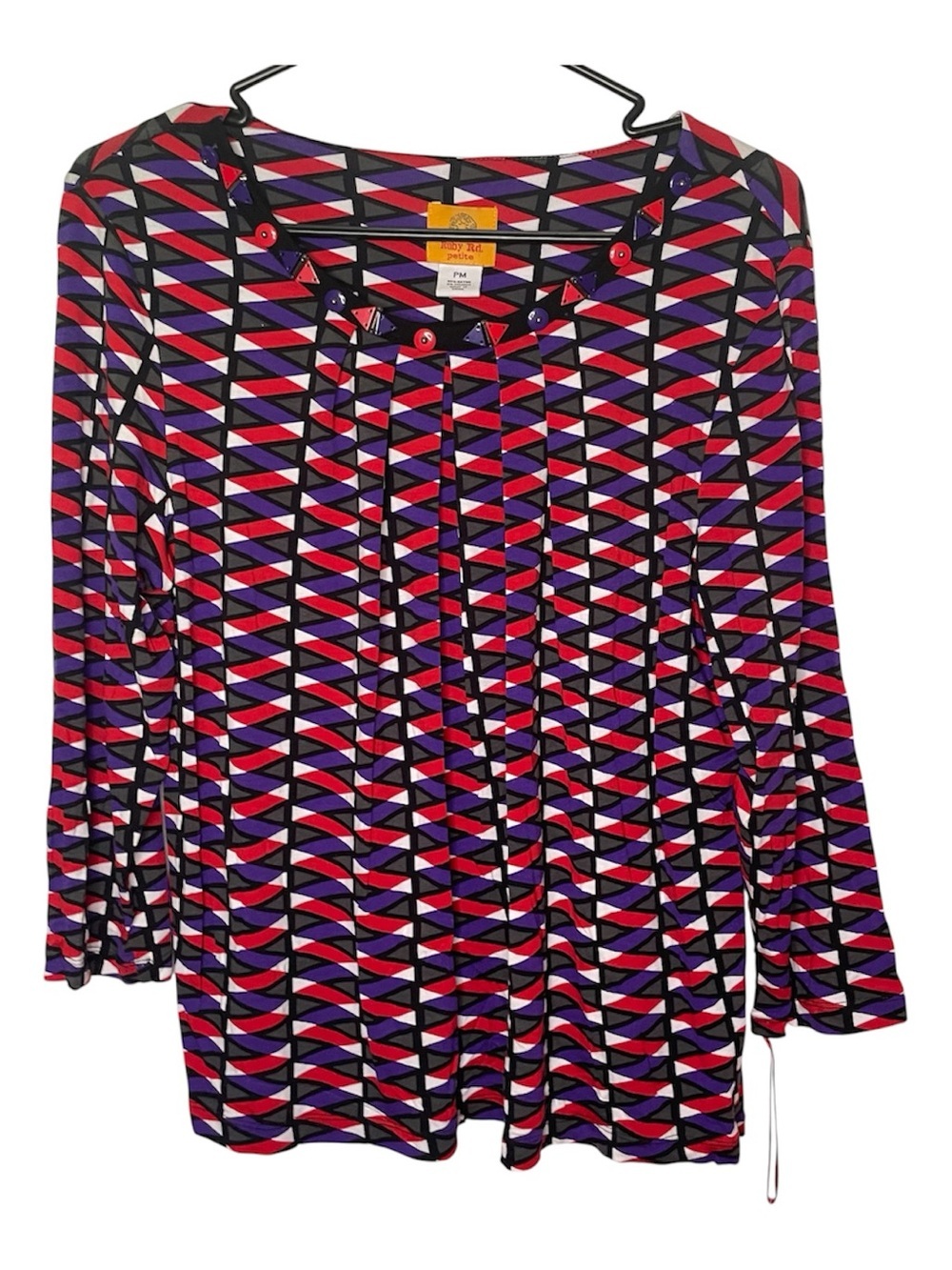 Ruby Rd. Geometric Print Long-Sleeve Top in Red, Pink, Purple, Black